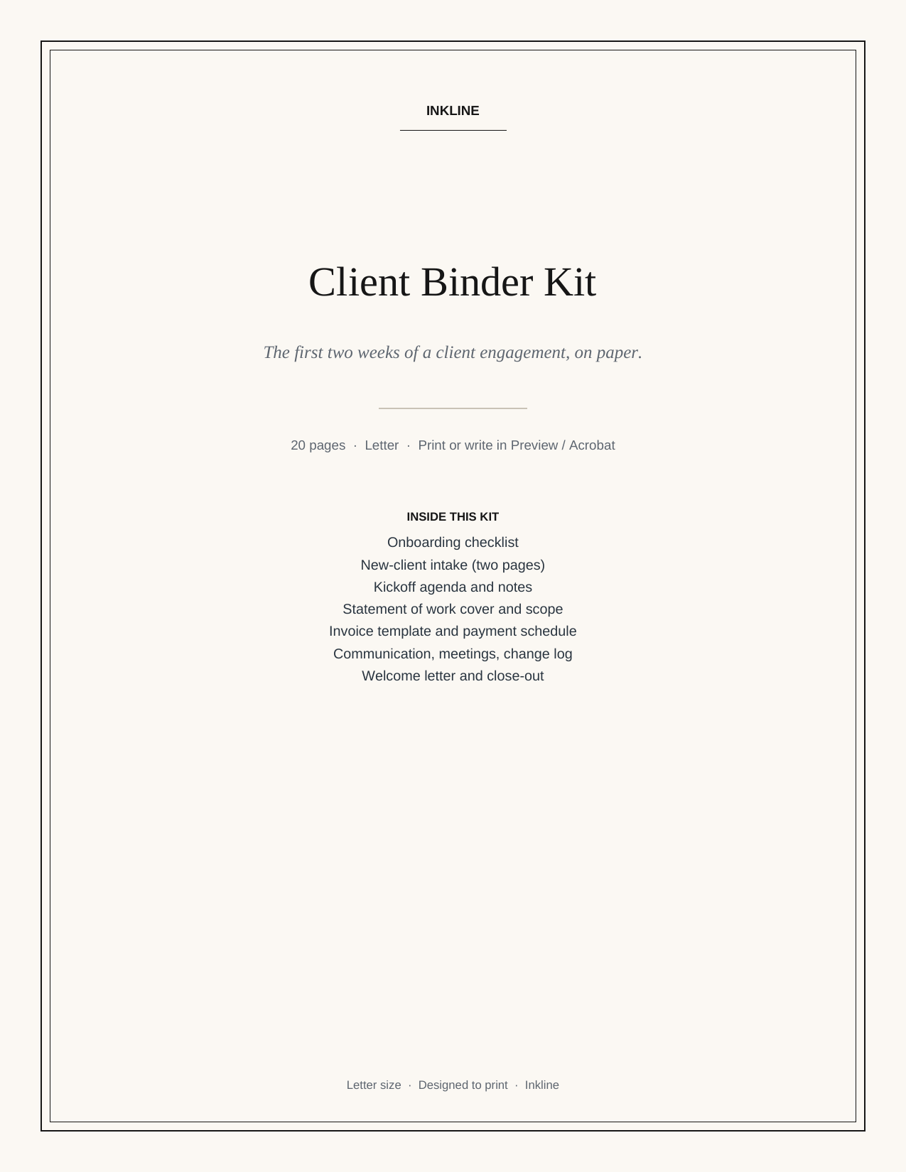 Cover of the Client Binder Kit, a letter-size printable on cream paper.