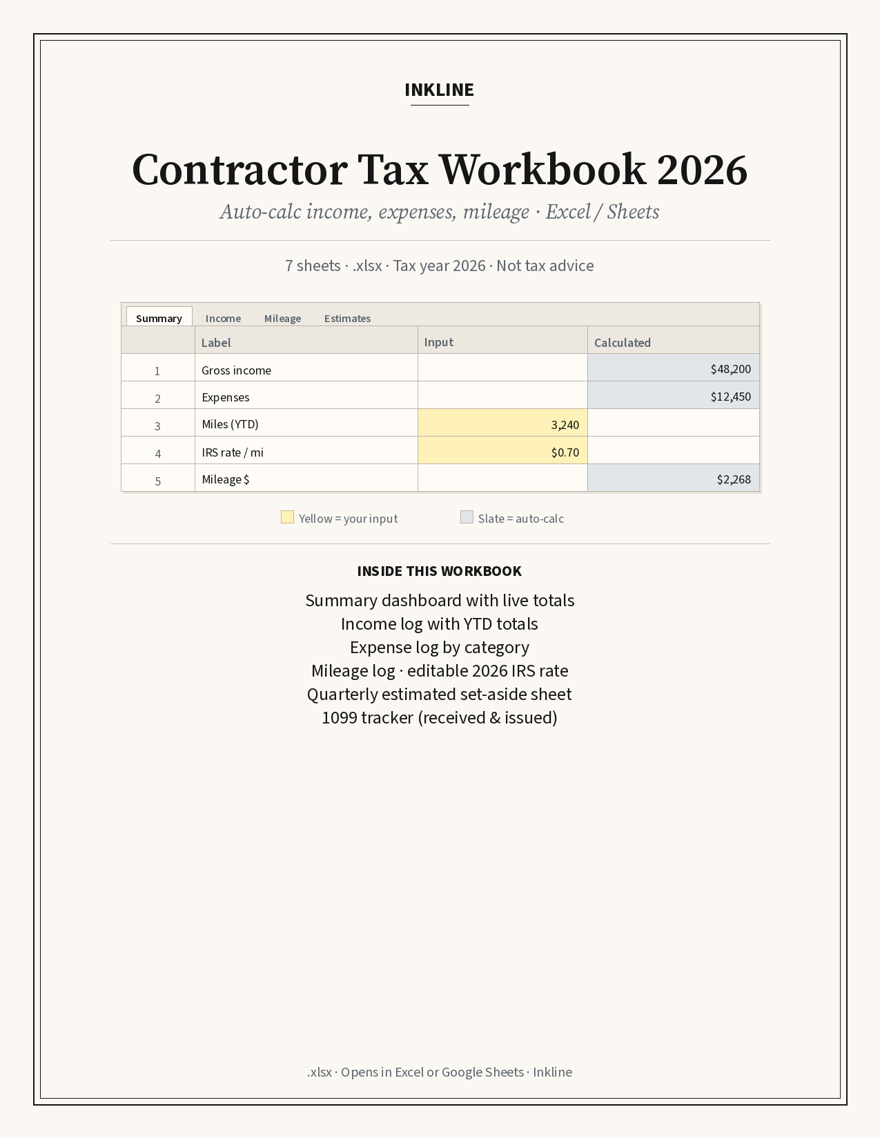 Contractor Tax Workbook 2026 — Excel companion.